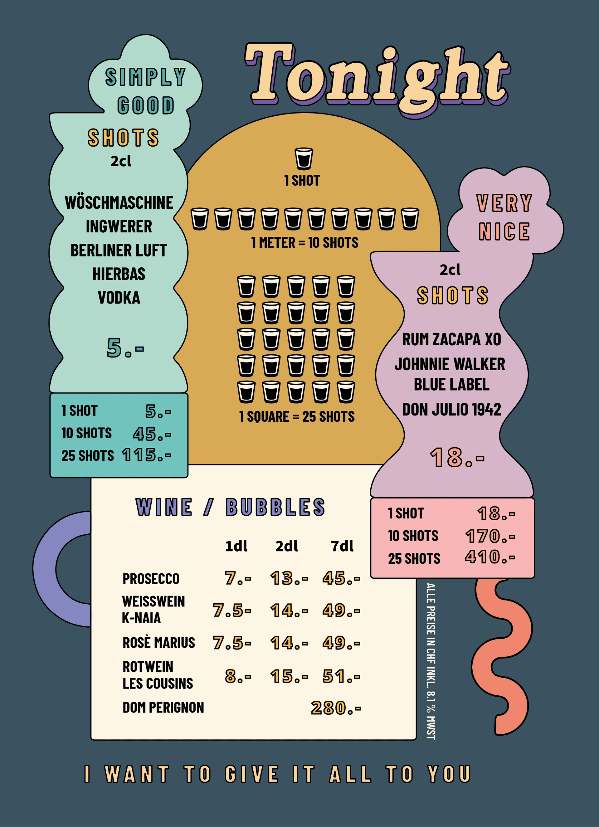 Back page of Monroe Zürich menu showcasing shots, wines and bubbles