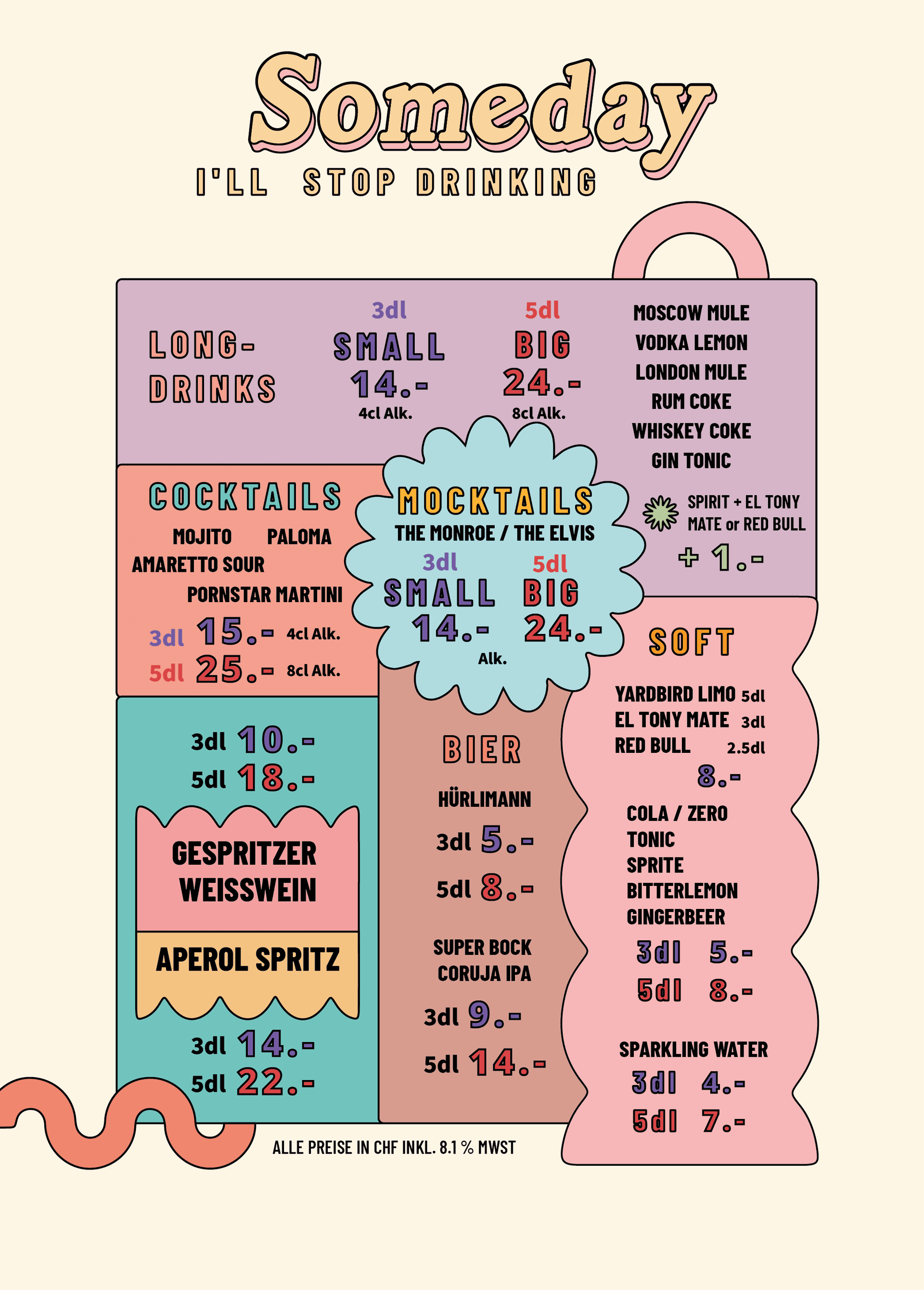 Front page of Monroe Zürich menu featuring signature cocktails, mocktails, beers and house drinks